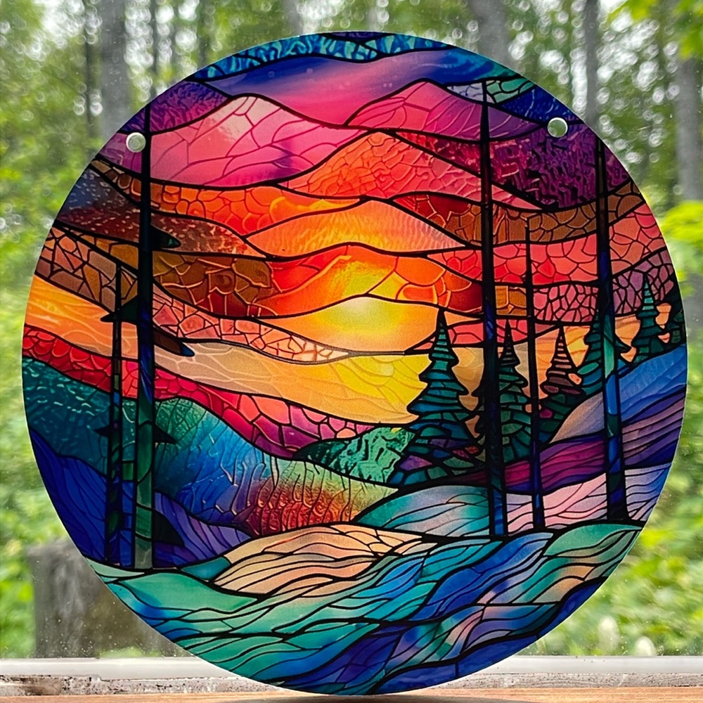 Aurora Borealis Scenic Acrylic Round Decorative Faux Stained Glass 6”